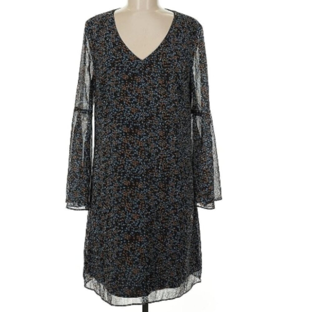 CAbi long sleeve v-neck, black & colored small flower print, knee length dress